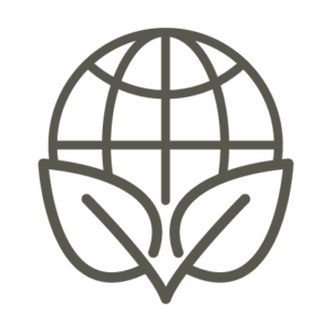 An icon of a planet, with 2 leaves representing global sustainability.