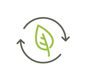 An icon of a green leaf with arrows circling around it, representing be green.