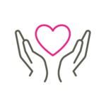 An icon of a pink heart between hands, representing be compassionate.